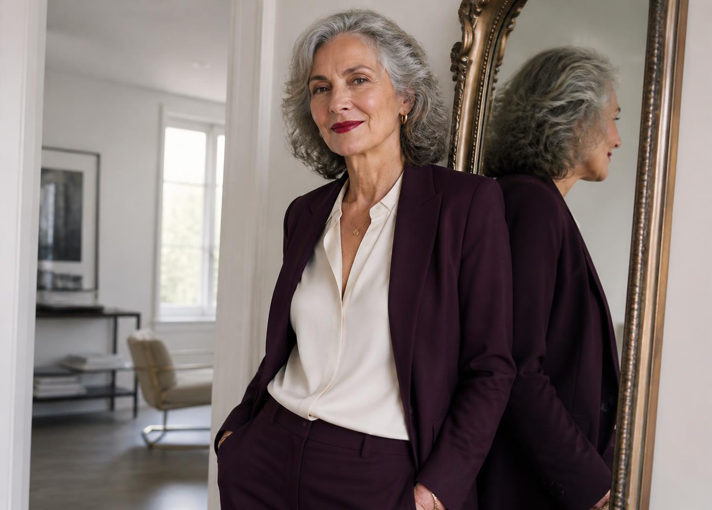 Confident stylish woman in her sixties wearing a plum suit standing near a mirror in a bright modern home