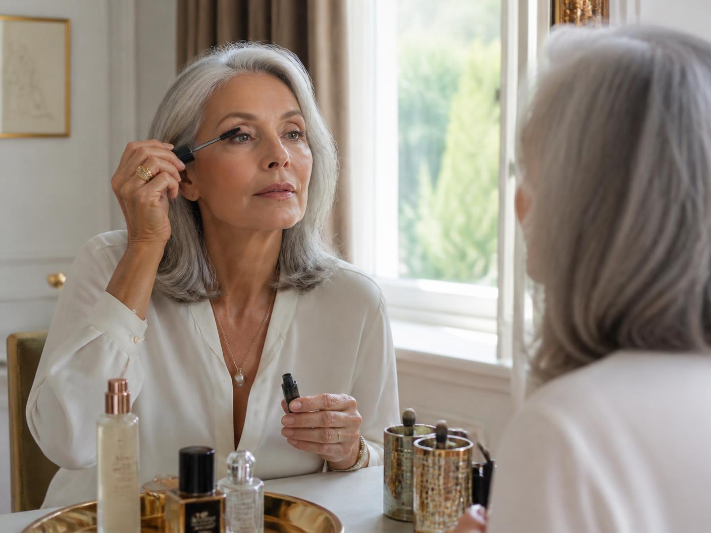 Woman in her sixties applying mascara at an elegant vanity in natural daylight